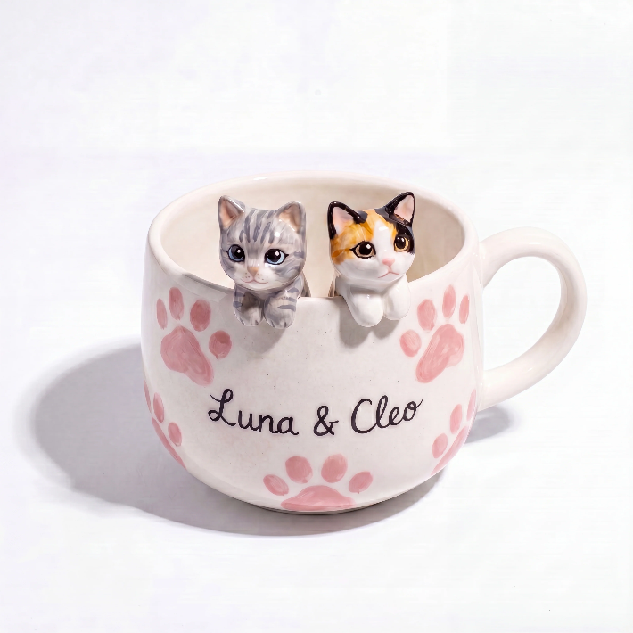 Luna & Cleo pet mug with two cat figurines and pink paw prints